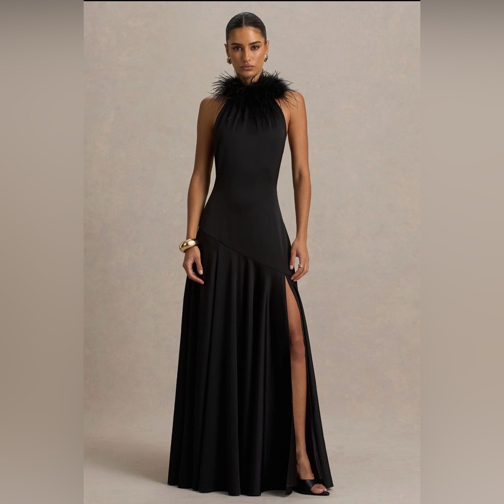 Club L London Black Feather-Trim Halter Maxi Dress